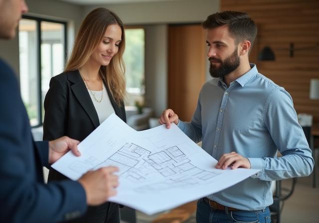 Agente inmobiliario mostrando plano a pareja